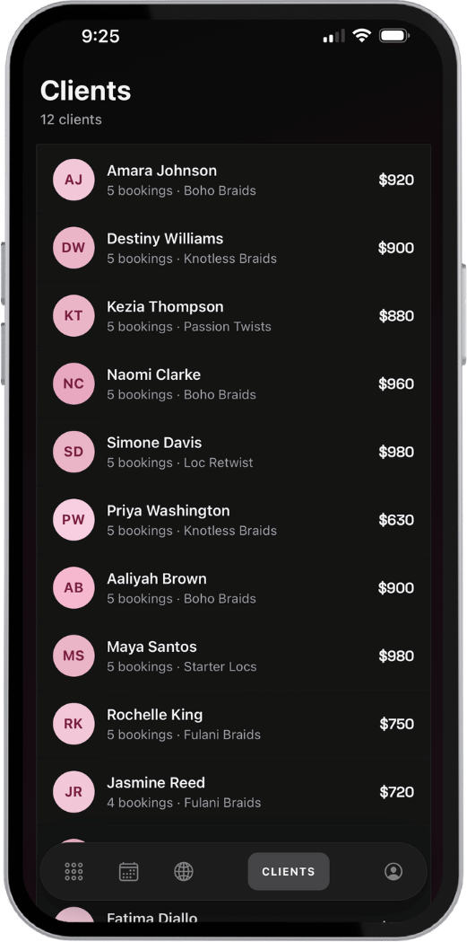 Styld client list with bookings and revenue per client
