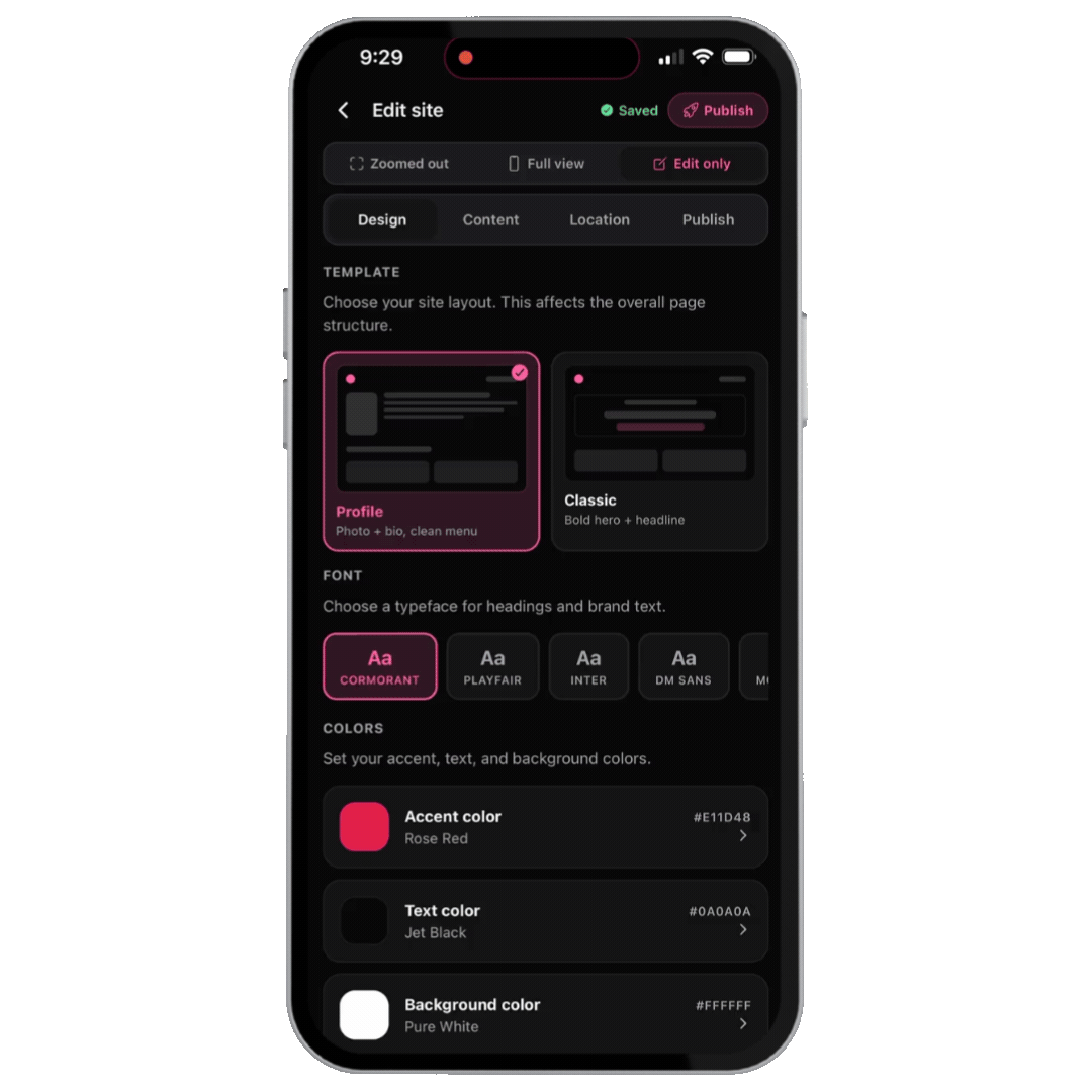 Styld app — customize your booking site design and publish
