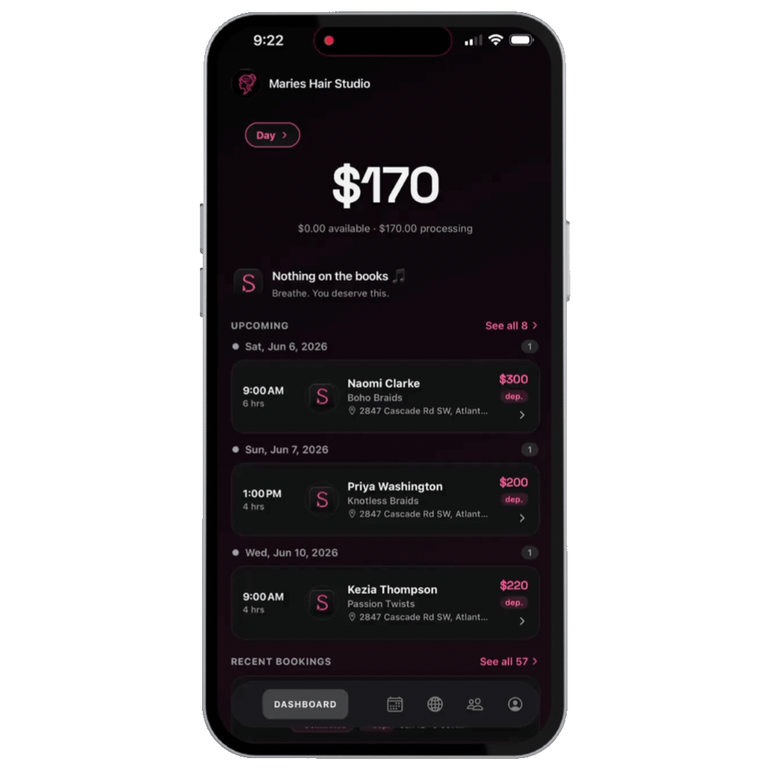 Styld app — dashboard with revenue, upcoming appointments, and daily overview